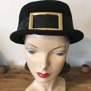 1950s Vintage Black Felt Hat With Large Buckle